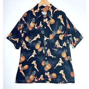 Nalu Hawaiian Shirt Mens XL Black Pinup Girl Pineapple Aloha Made in USA Vintage